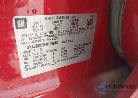 2015 GMC Yukon Slt из США, поврежденный, VIN 1GKS2BKC8FR109918